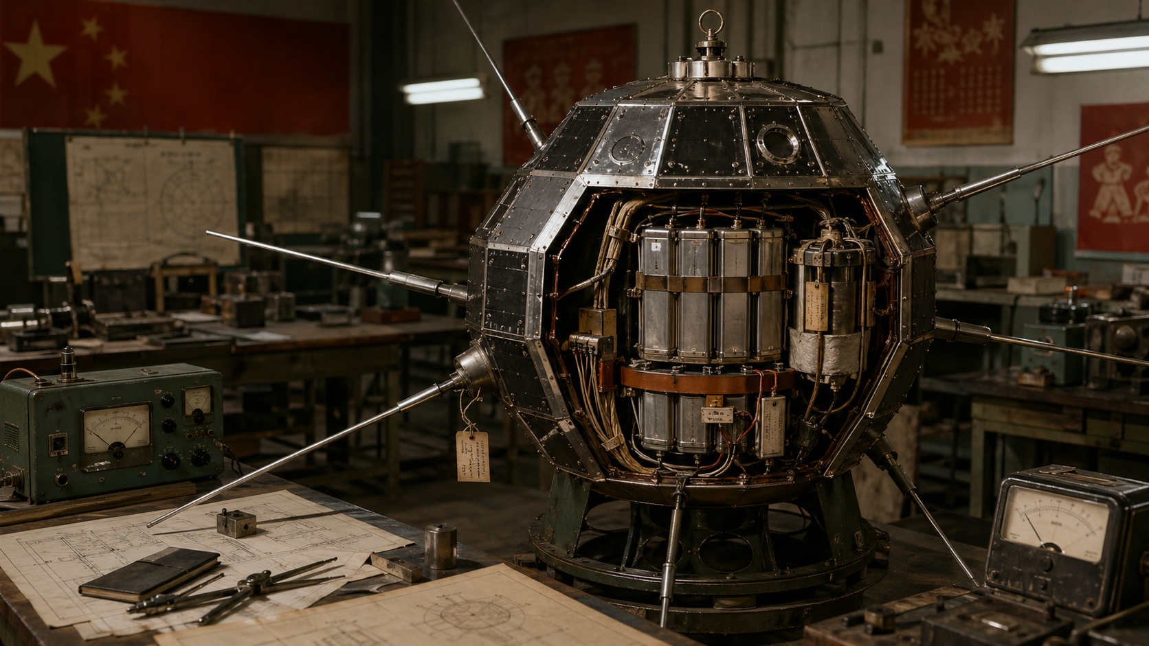 Historically grounded DFH-1 cutaway showing late-1960s Chinese silver-zinc battery packs in an austere aerospace workshop