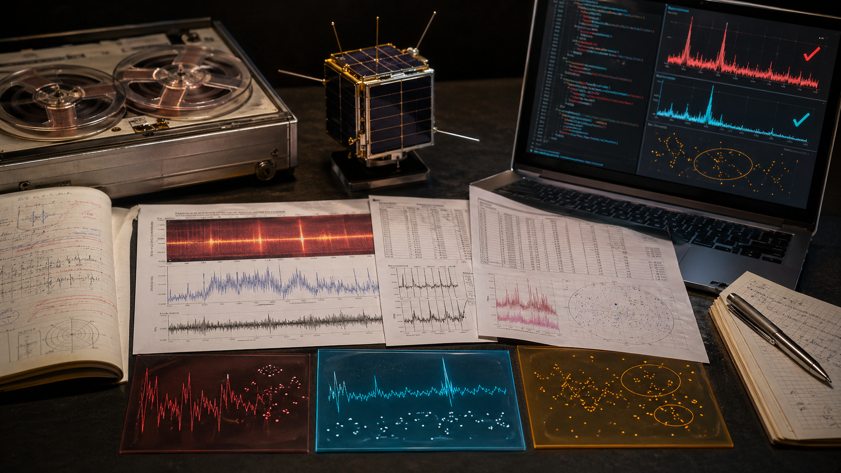 Old satellite tape, plotted evidence, CSV tables, code review notes, and a small satellite model on a dark desk