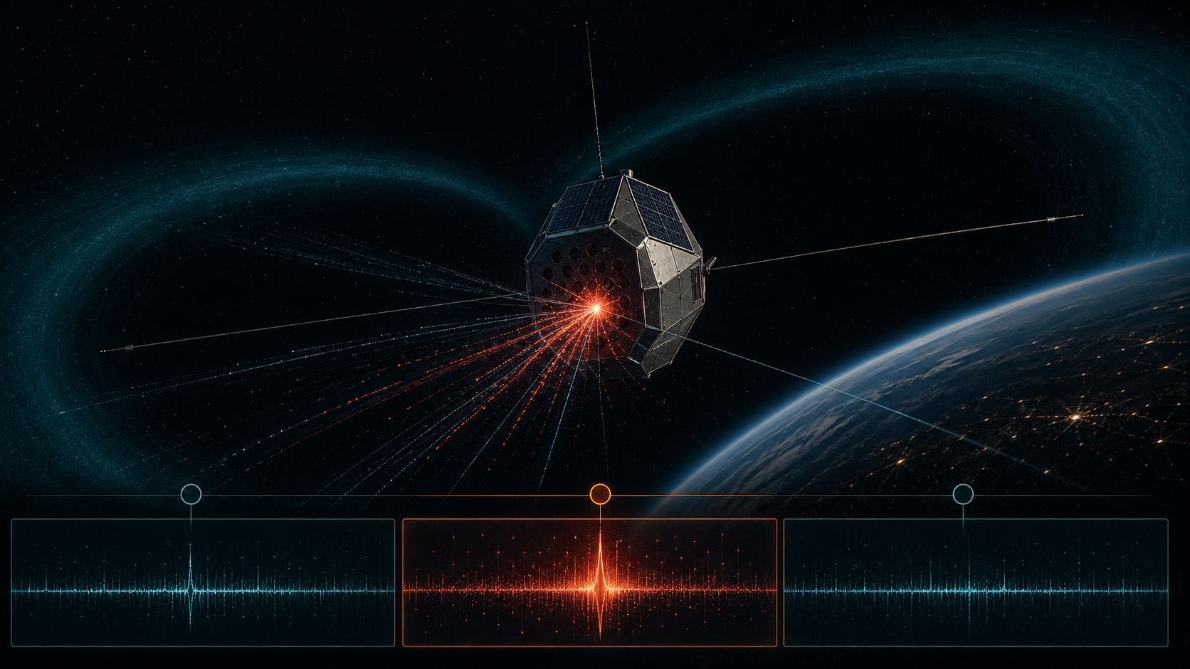 Satellite in the Van Allen slot region with a three-sample timeline and a highlighted middle particle event