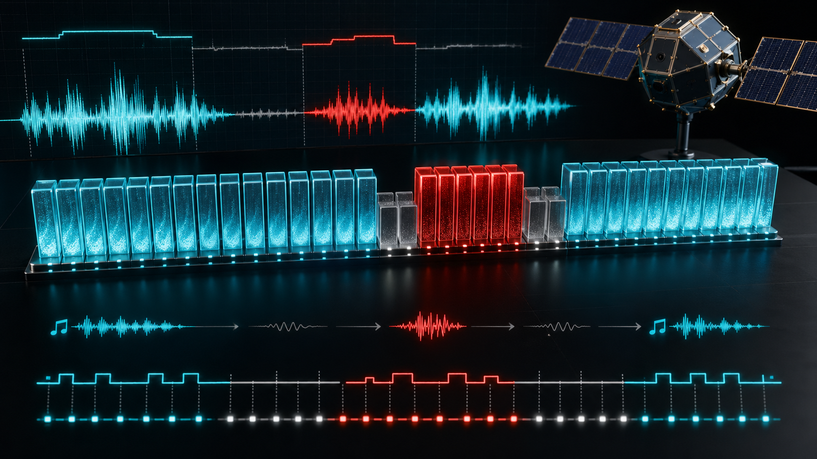 A 60-second broadcast cycle shown as illuminated music, gap, telemetry, and gap blocks on a lab bench