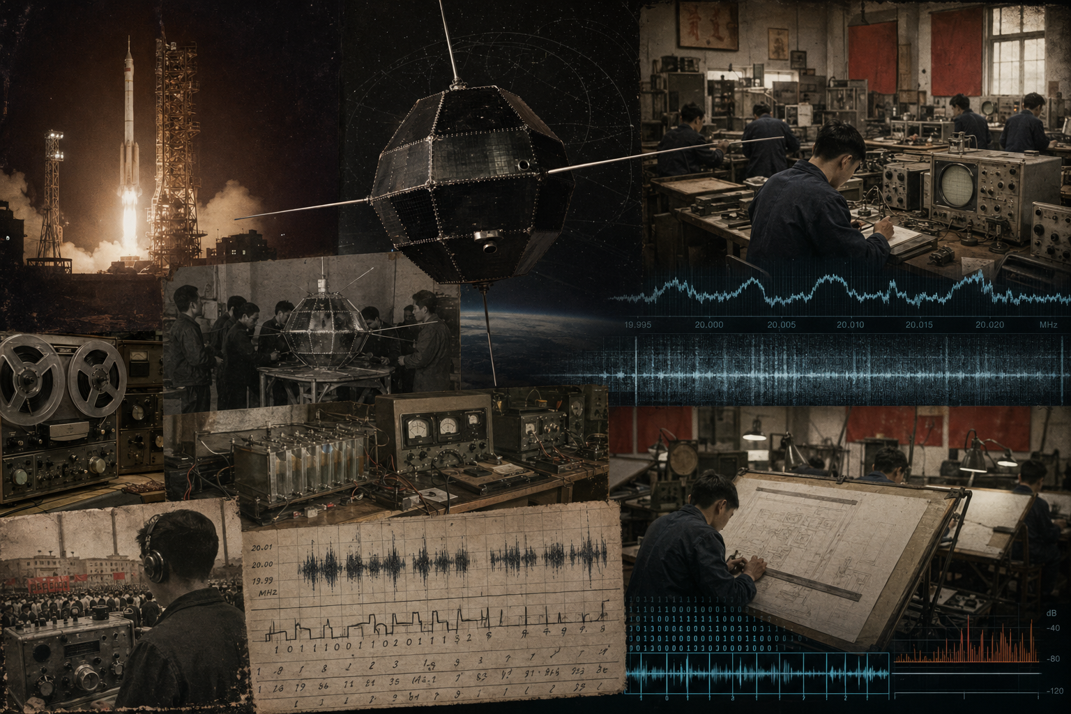 Archival mosaic of DFH-1 launch, satellite, late-1960s Chinese aerospace lab, engineers, and audio analysis plots