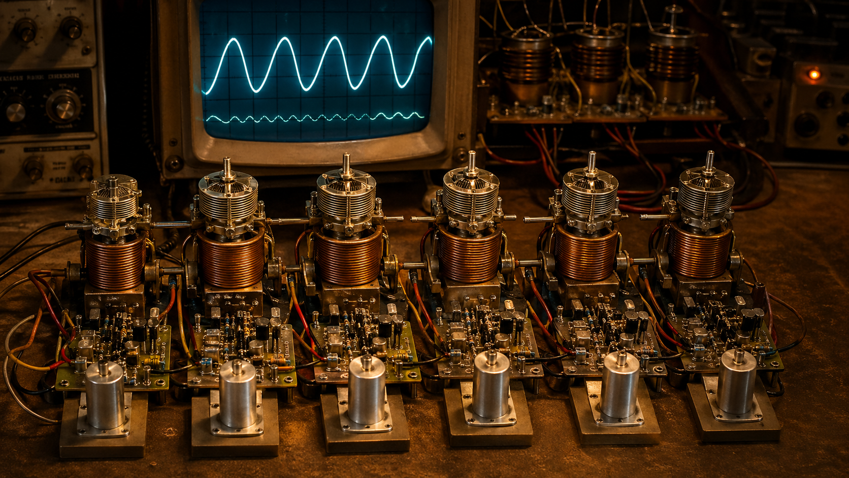 Six LC oscillator modules with coils, capacitors, transistor switches, and harmonic traces