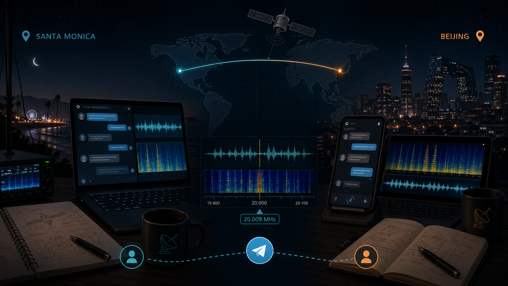 Analysis desk with chat messages, waveform display, handwritten frequency notes, and a shortwave receiver