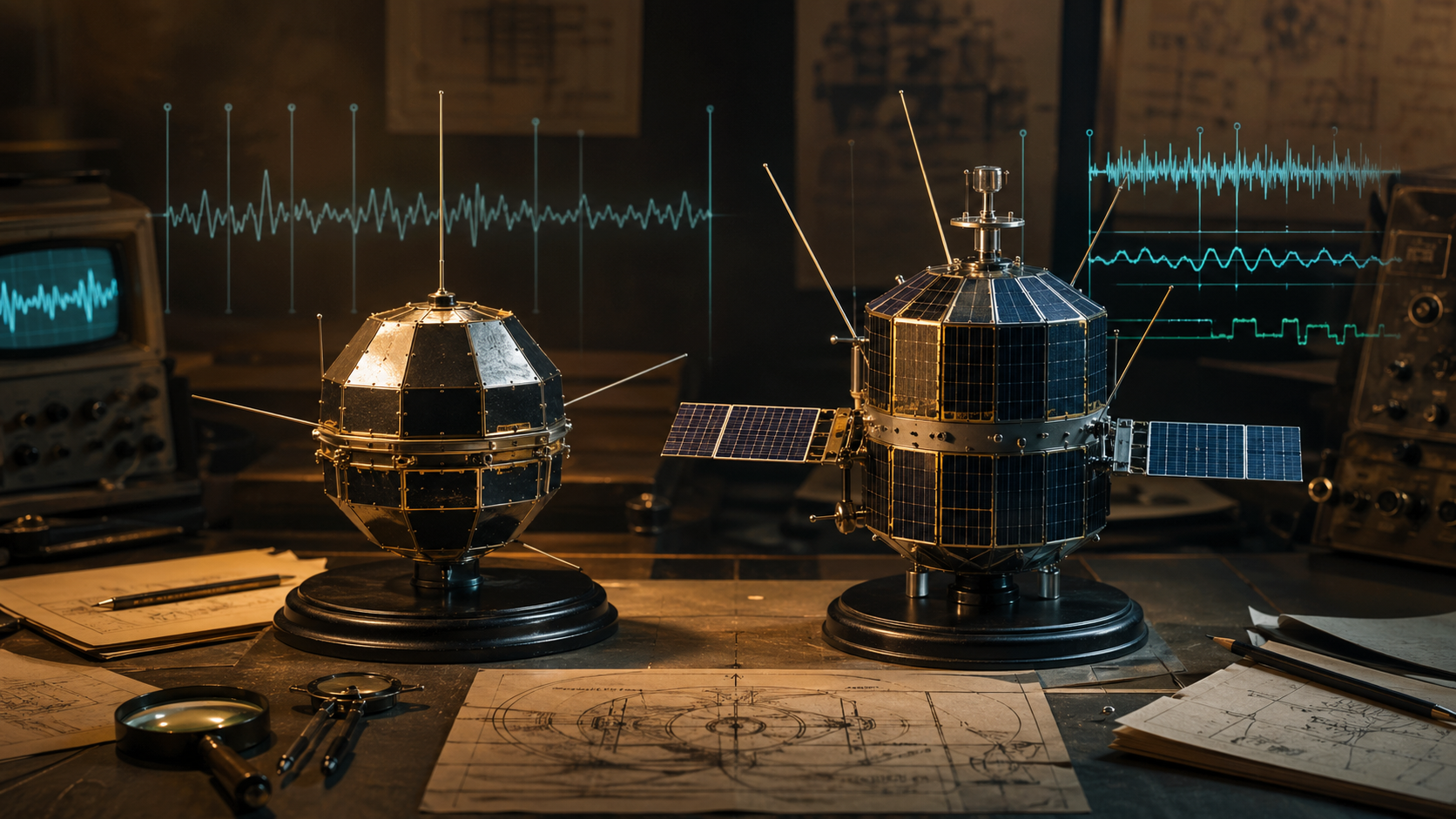 东方红一号和实践一号卫星模型、太阳能板与遥测曲线的对比图