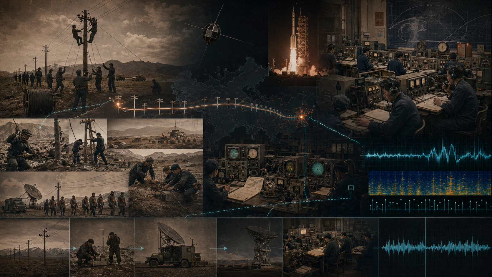 Archival montage of 1970 Chinese communications workers, guarded telephone lines, telemetry rooms, and signal analysis